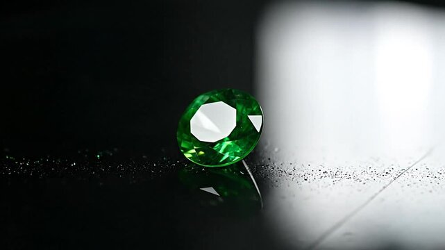 A faceted, oval-cut green gemstone sits on a reflective surface, captured in dramatic lighting