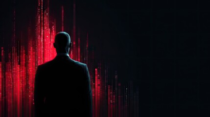 Silhouette of a man in a suit standing before a data stream abstract