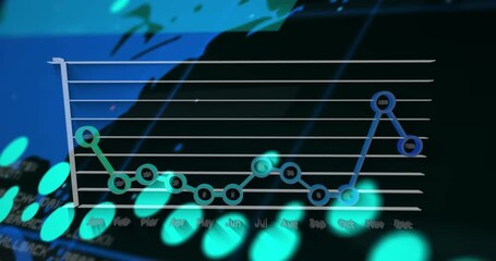 Animation of financial graphs and data over world map on black background - Powered by Adobe