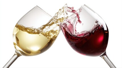 Obraz premium Elegant Toast: Two Wine Glasses Clinking Together with Splashing Red and White Wine on White Background