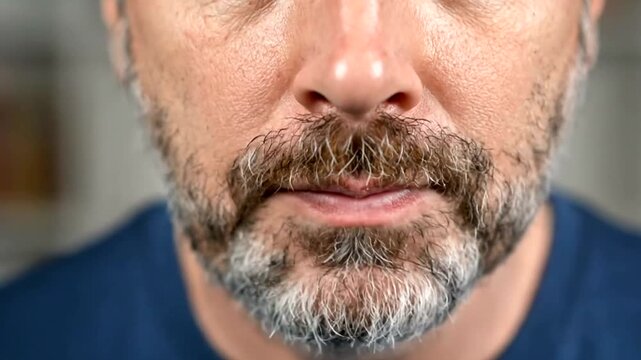 Bearded man swallowing a pill, close-up view showing the tablet on his tongue. Concept of medicine and health.
