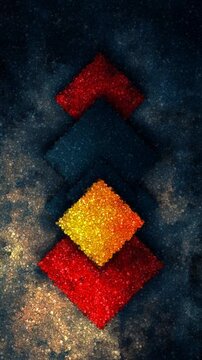 Minimalist Stack of Textured Diamond Shapes Centered on a Dark Grunge Background With Warm Colors, Made of Cubes
