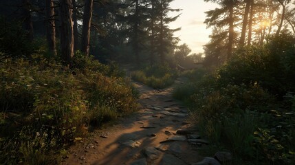 Fototapeta premium Dirt path winding through a tranquil forest with sunlight filtering through dense vegetation in the late afternoon