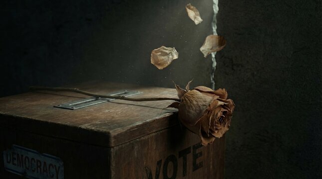 Withered rose on wooden ballot box representing dying democracy in crisis and lost hope in election, sad political concept