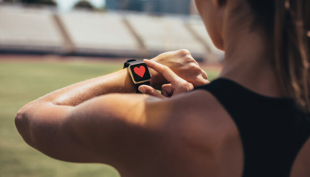 Person checks heart rate on smartwatch during exercise at outdoor sports field in daylight