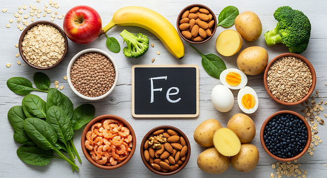Assortment of iron-rich foods arranged around a chalkboard displaying the symbol Fe on a wooden surface.