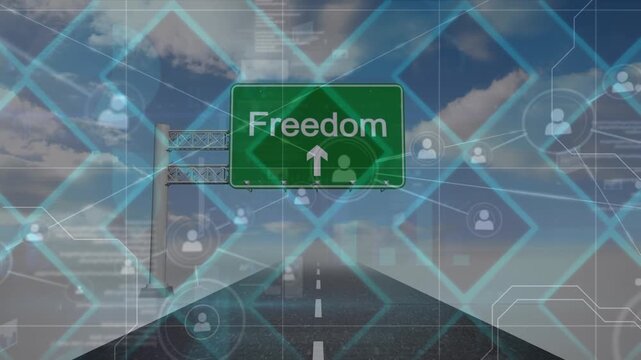Animation of network of connections with icons over green road sign