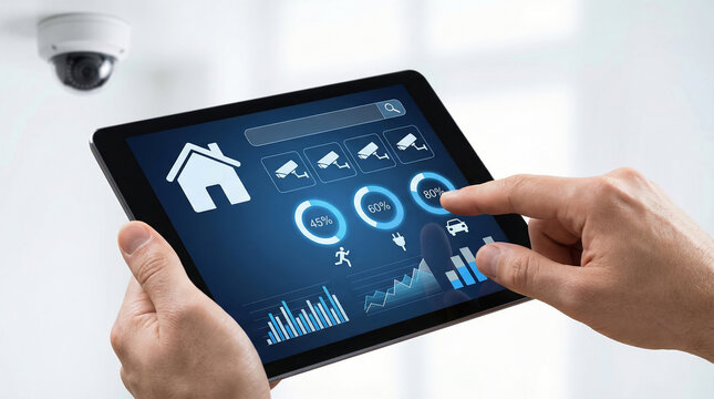 Smart home automated system dashboard on tablet monitoring security camera and energy consumption