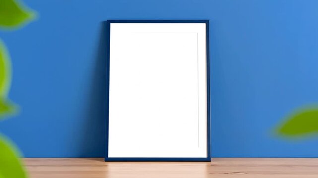 A framed blank white print with a dark blue border stands on a wooden table with foliage