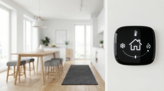 Smart home automated system thermostat control on wall for temperature regulation and energy efficiency concept