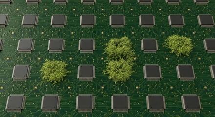 Green trees growing among computer microchips on a circuit board.