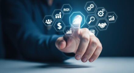 Fototapeta premium Digital Business Transformation: Hand Touching Interface Icon for Data Analysis and Strategy Optimization