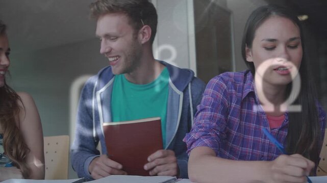 Animation of math symbols over happy caucasian teenagers learning at school