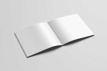Open square book or brochure mockup with blank white pages, minimalist design on a neutral grey background.