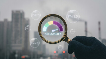 Lung cancer risk check from PM 2.5 air pollution and smog with air quality index meter in magnifying glass over city background for environmental health concept.