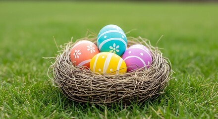 Obraz premium Colorful Easter eggs in a wicker basket on green grass