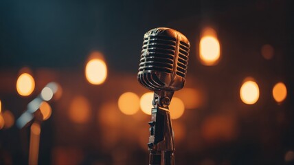 Vintage Microphone on Stage with Bokeh Lights for Live Performance and Entertainment Venues