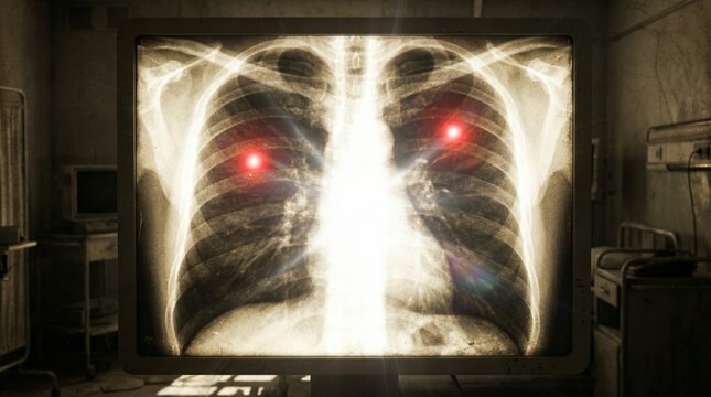 Chest xray showing lung cancer check results with red tumor spots on medical monitor for radiology and oncology diagnosis