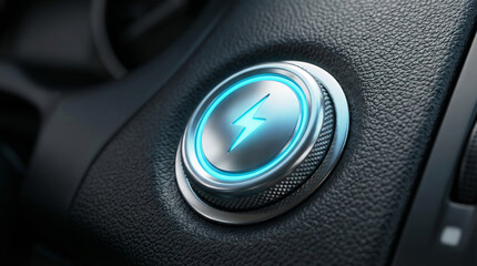electric vehicle power start button with glowing blue lightning bolt symbol. Modern car interior dashboard for EV engine ignition and energy efficiency technology.
