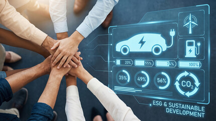 ESG and sustainable development concept with teamwork and electric vehicle HUD. Hands joined for corporate social responsibility, carbon footprint reduction and green energy data.