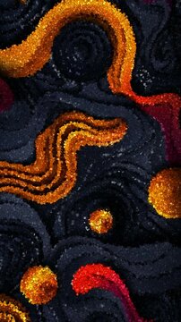 Dark 3D Fluid Topography With Golden Orange Glowing Waves and Concentric Circles in Liquid Motion, Made of Cubes

