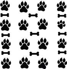 Fototapeta premium Dog Paw Prints and Bone Silhouettes Set Animal Track Vector