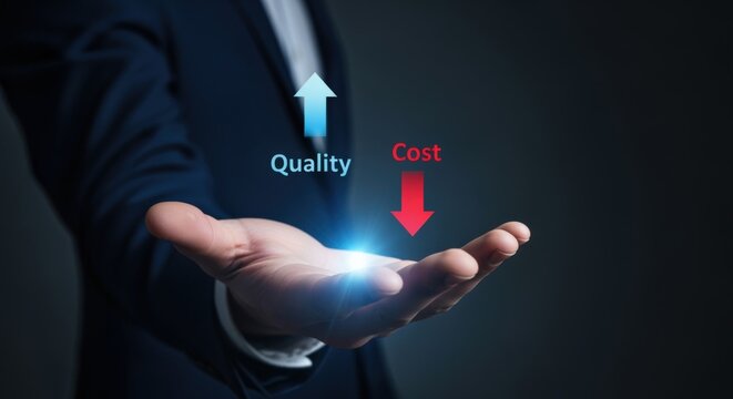 Quality Improvement and Cost Reduction Concept: Man Presenting Arrows Symbolizing Increased Value and Efficiency