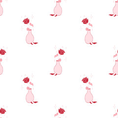 Single rose in vase seamless pattern. Whimsical festive background in pink tones for romantic Valentine's Day. Vector hand drawn simple illustration for fabric, packaging, wrapping paper, wallpaper