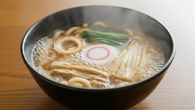 Steaming Udon Noodle Soup with Fish Cake and Greens in a Black Bowl