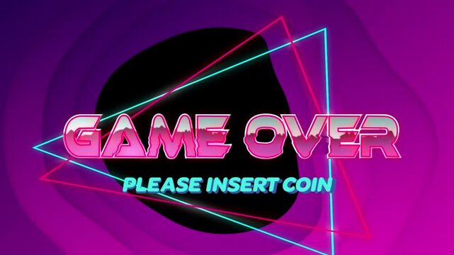 Animation of game over and please insert coin pink text with triangular shapes and black doodle
