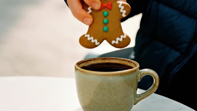 Gingerbread man cookie splashes into steaming coffee cup held by person in blue jacket. Playful holiday beverage moment captured in sequence. for festive, humorous, and seasonal content.
