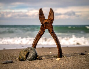 Rusty pliers stand in sand near a rounded rock, with waves and cloudy skies blurred in the background