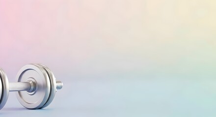 Obraz premium Minimalist fitness marketing concept: subtle dumbbell on pastel background with centered copy space for modern workout brand advertising