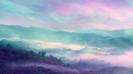 Obraz premium Ethereal mountain landscape with rolling hills covered in dense fog under a vibrant pastel sunrise sky.