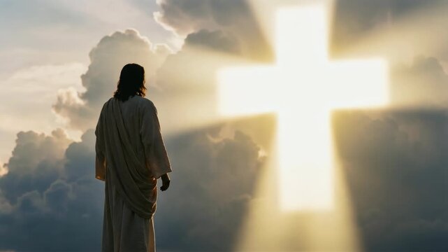 Jesus in white robes stands before luminous cross emerging from clouds in heavenly realm. Divine light radiates through dramatic sky. Spiritual and religious imagery for faith-based content.
