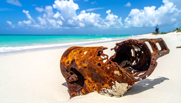 Rusted metal debris on a white beach with turquoise water and scattered clouds on a sunny day
