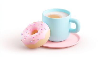 3D isometric icon of a coffee cup and a donut. Minimalist style. Clean shapes, simple geometry. Isolated on white background. Soft lighting, pastel colors