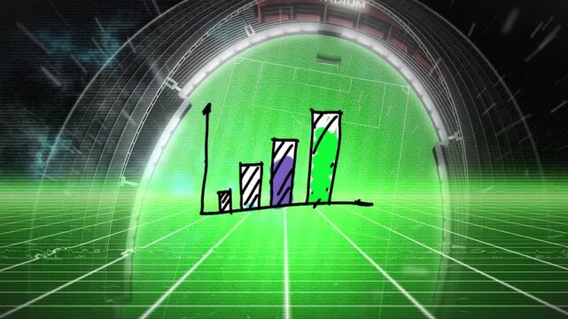 Animation of diagram and rain falling over stadium on black background