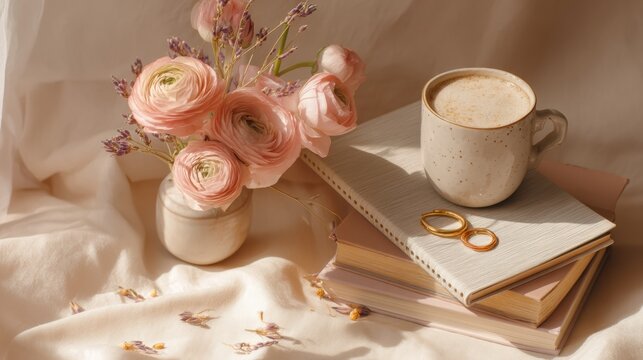 Luxury self care flat lay with pink tulips bouquet matcha latte marble mug linen notebooks gold earring lavender petals decor
