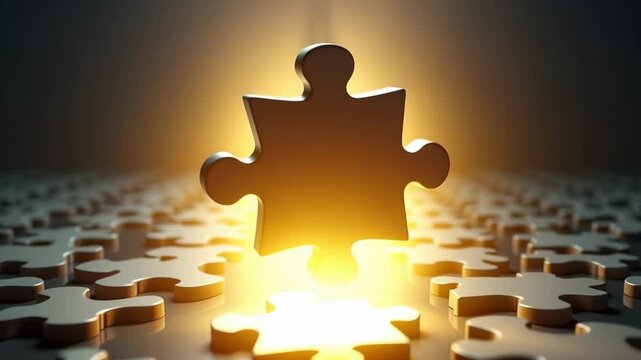 Glowing puzzle piece rises from scattered pieces, emitting golden light that intensifies into a radiant portal. Mystical energy suggests breakthrough, connection, and interdimensional gateway.
