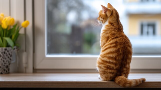 Cat sitting on window sill looking out, back view, cozy home atmosphere, soft daylight, peace