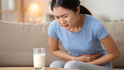 Woman Experiencing Stomach Pain With Glass of Milk Nearby