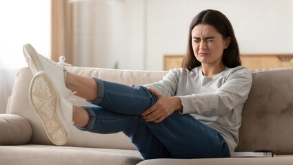 Woman Sitting on Sofa Holding Knee in Pain
