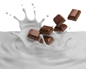 Milk Splash With Piece of Chocolate 3D Rendering