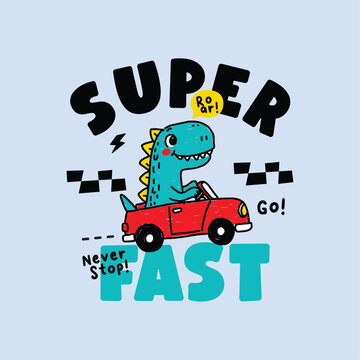 Cartoon Dinosaur Driving Super Fast Car