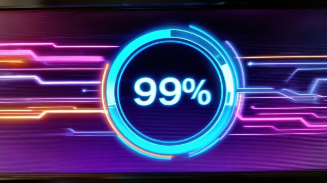 Loading progress bar on screen, 99 percent complete, neon digital interface, gaming