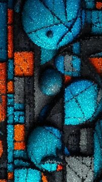 High Contrast Blue and Orange Futuristic Grid With Spherical Shapes and Dark Technical Textures, Made of Cubes
