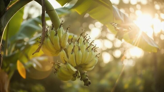 Butterfly flitting near ripening bananas in sunlit tropical garden video