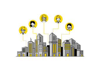 Obraz premium Cityscape with people icons connected to buildings in a network