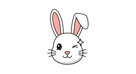 Fototapeta premium Cute winking cartoon bunny head with a sparkle and folded ear.